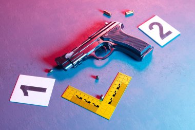 A meticulously arranged crime scene simulation featuring a handgun, scattered bullet casings, and methodically placed evidence markers under a harsh, investigative light. clipart