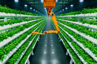 İleri teknoloji bir robotik kol dikey bir kapalı alan çiftliğinde çalışır, modern teknoloji ile sürdürülebilir tarım uygulamalarını geliştirir, verimli gıda büyümesini sağlar..