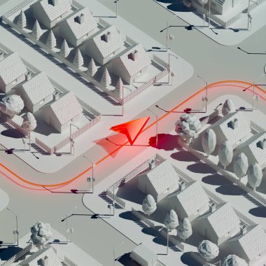 Bu resim, parlak, devre benzeri yollarla birbirine bağlı evleri olan kavramsal bir banliyö mahallesini gösteriyor, akıllı şehir yenilikleri ve gelişmiş kentsel planlamaların geleceksel vizyonunu yansıtıyor..