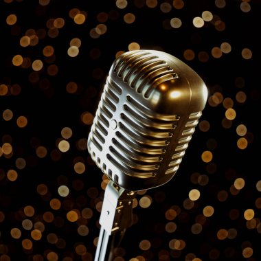 Zarif bir şekilde hazırlanmış, klasik bir mikrofon, zamansız müziğin cazibesini çağıran ve ses sanatının devamlılığını sağlayan, altın bokeh 'in ortasındaki spot ışıklarını yakalıyor..