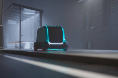 Otonom bir dağıtım robotu, hareketli bir şehir caddesinde gece manzaralarında ileri teknolojiyi temsil eden hareketli neon ışıklarıyla aydınlatılır..