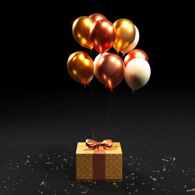 Balonlar zarif bir hediye kutusuna bağlanmış kırmızı bir fiyonkla süslenmiş, pofuduk siyah bir arka plana ayarlanmış, neşeli bir sofistike hissi uyandıran.