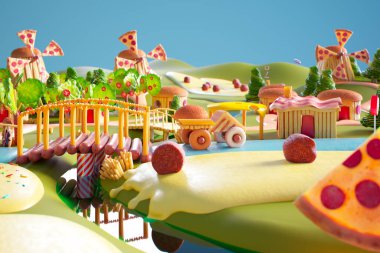 Dive into an enchanting landscape where sweet treats and savory delights form a surreal panorama. This whimsical food-themed fantasy captivates the imagination, blending dream with deliciousness.