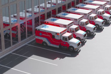 Yakın bir sağlık merkezinin modern cam cephesine yansıyan, düzenli bir sıra halinde düzenlenmiş ambulanslardan oluşan çarpıcı bir konvoy şehrin kalbinde hazırlık gösteriyor..