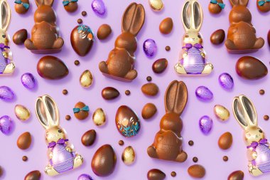 Exquisite collection of assorted milk and dark chocolate Easter bunnies paired with vibrantly decorated eggs, presented on a lush purple background to celebrate the joyous spring holiday. clipart