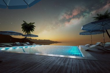 Indulge in the tranquil ambiance of an opulent infinity pool at twilight, nestled amongst exotic palms with an enchanting mountainous backdrop and warm lit cabanas. clipart