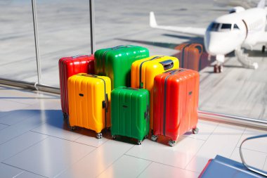 Parlak bir havaalanı zemininde canlı kırmızı, yeşil ve sarı valizlerin titiz bir dizilişi, uzak arkaplanda lüks bir özel jet, modern seyahat ve bolluk ruhunu yansıtıyor..
