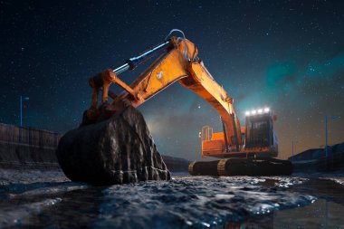 Gökyüzünün altında yakalanan güçlü bir hidrolik kazıcı kareye hükmediyor, kolu engebeli araziyle dolu aydınlık çalışma sahasının ortasında uzanıyor..