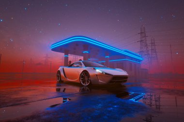 Bu görüntü, parlak neon ışıklı bir şarj istasyonunda yağmurla ıslanmış bir yüzeye yansıyan yıldızlarla dolu bir gece göğüne karşı duran parlak bir elektrikli arabanın özünü yakalıyor..