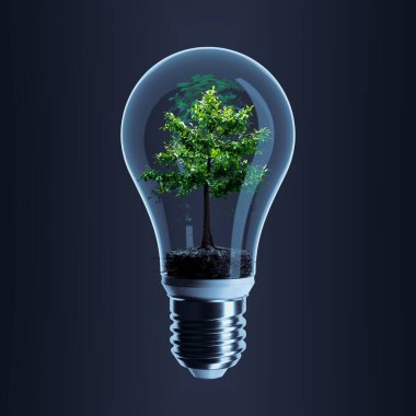 Açık bir ampulle kaplanmış yemyeşil bir ağacın çarpıcı görüntüsü, yeşil çözümlere öncelik veren bir dünyada sürdürülebilir enerji ve çevresel korunmayı simgeliyor..