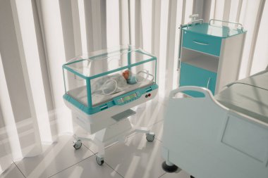 Huzurlu bir yenidoğan, hayati tıbbi ekipman ve bakım araçlarıyla çevrili hastanenin yeni doğan yoğun bakım ünitesinde son model bir kuvözde uyur..
