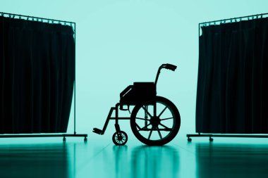 An evocative silhouette of an empty wheelchair cast against a tranquil blue backdrop, highlighting themes of accessibility, independence, and the nuances of mobility impairments. clipart