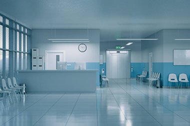 Geniş ve yeni tasarlanmış hastane lobisi modern bir estetik örneğini sunuyor. Gösterişli mobilyalar, resepsiyon tezgahı ve hastalar için sakin bir atmosfer..