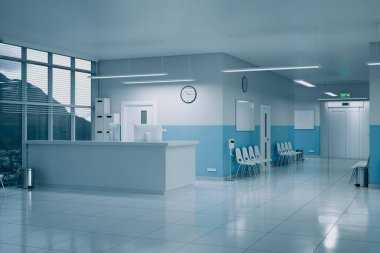Modern bir hastane lobisi, minimalist tasarımı, lekesiz yüzeyleri ve rahatlatıcı blues paleti ile son teknoloji sağlık hizmetleri profesyonelliğini yansıtıyor..