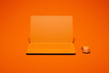 Pürüzsüz turuncu bir dizüstü bilgisayar ve kablosuz bir farenin birleşik estetik bir cazibe için canlı turuncu bir zemin oluşturması göz alıcı minimalist bir düzenek..
