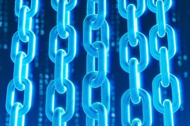 Bu resim, parlak mavi zincirlerin karmaşık bir modelini sergiliyor. Blockchain teknolojisi, siber güvenlik ve ağ şifreleme sistemindeki gelişmiş kavramları sembolize ediyor..