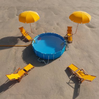 Çekici bir hava görüntüsü portatif mavi yüzme havuzunun minimalist bir düzeneğini yakalıyor. Etrafında neşeli sarı şemsiyeler ve kumlu bir yüzey üzerinde zarif ahşap şezlonglar var..