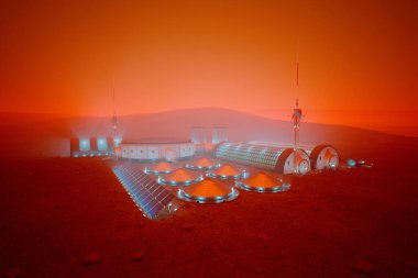 This detailed digital illustration portrays an advanced Martian colony featuring energy-efficient habitats, expansive solar panels, and high-tech communication antennas under Mars' iconic red sky. clipart