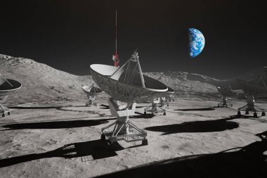 A sophisticated network of satellite dishes is strategically aligned on the moon's rocky terrain against a backdrop of the majestic Earthrise, epitomizing cutting-edge space communication technology. clipart