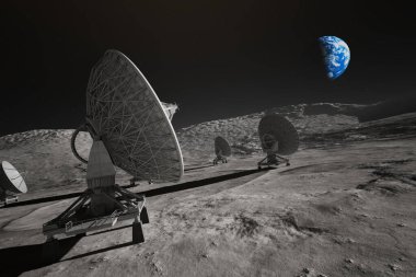 Captivating scene of multiple satellite dishes arrayed across the moon's desolate terrain, with the iconic blue sphere of Earth rising in the stark space backdrop. clipart