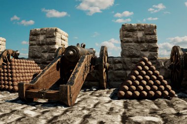 A meticulously preserved vintage cannon, accompanied by piled cannonballs, stands proudly atop the ancient stone walls of a fortress, its silent presence a reminder of past battles clipart