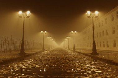 A uniquely atmospheric capture of a foggy, sepia-toned cobblestone street, flanked by glowing streetlamps and an iron-wrought fence, evoking a sense of serene mystery. clipart