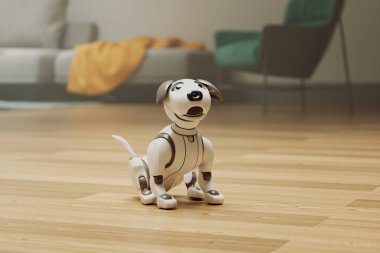 Bu üç boyutlu illüstrasyonda gelişmiş bir robotik köpek, yüksek teknoloji ve tasarımın uyumunu vurgulayarak, iyi döşenmiş bir evin modern ortamında etkileşime giriyor..