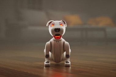 Bu çarpıcı 3 boyutlu illüstrasyon, parlak kırmızı gözleri ve metalik dişleri olan robotik bir köpek sunuyor, ileri teknoloji ve gelecekçi estetiği potansiyel olarak tehdit edici bir biçimde somutlaştırıyor..