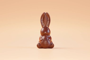 Bu resim, şeftali rengi arka planda duran parlak çikolatalı tavşan figürünün geleneksel Paskalya tatlısının cazibesini yansıtıyor..