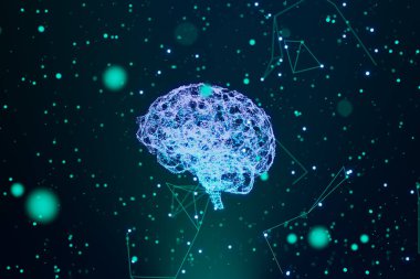 Bu resim, galaksiden esinlenilmiş bir arka plana, ileri yapay zekaya, nöral ağlara ve ileri düzey bilişsel bilime karşı, karmaşık bir şekilde bir takım yıldız desenine bağlı dijital bir beyni tasvir ediyor..