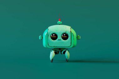 This image captures a delightful retro-style robot, featuring expressive eyes and a weathered teal finish, poised whimsically against a unicolor teal background, evoking nostalgia. clipart