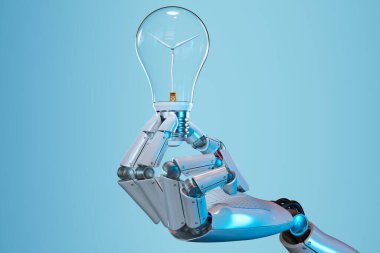 Titizlikle tasarlanmış, ışıldayan bir ampulü nazikçe kavrayan, teknolojik evrimin temalarını çağrıştıran titiz bir robotik elin büyüleyici tasviri.