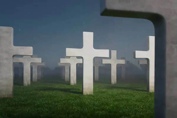 Spellbinding Twilight Scene Blankets Tranquil Cemetery Cross Shaped Tombstones Rise — Stock Photo, Image