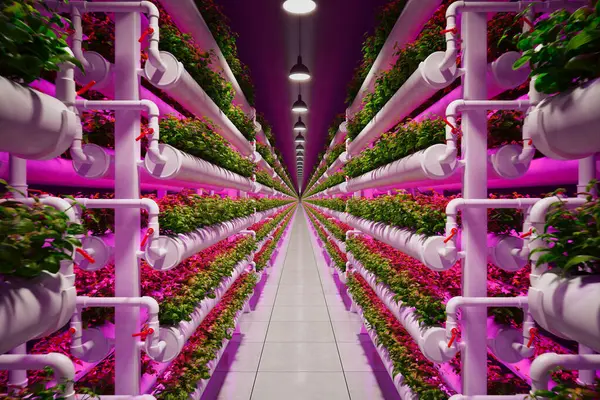 Высокотехнологичная Гидропонная Ферма Демонстрирует Ряд Ярких Растений Энергосберегающими Светодиодными Лампами — стоковое фото