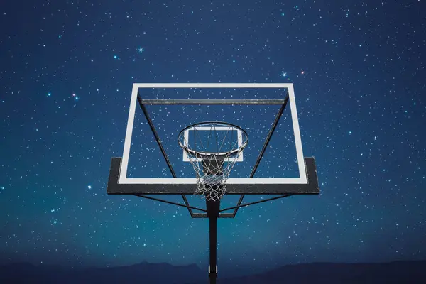 Captivating night scene featuring a basketball hoop in silhouette against the vastness of a starry night sky, emanating a peaceful and mystical sports ambiance.