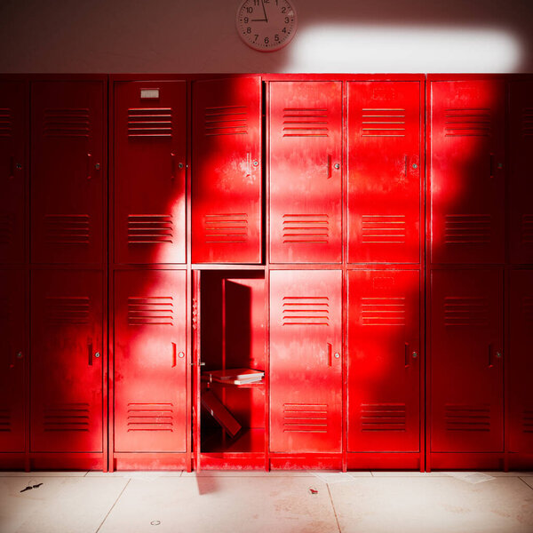 Vibrant red school lockers lining a quiet corridor, one door ajar to reveal inner shelves, hint at stories untold amidst an atmosphere of silent anticipation.