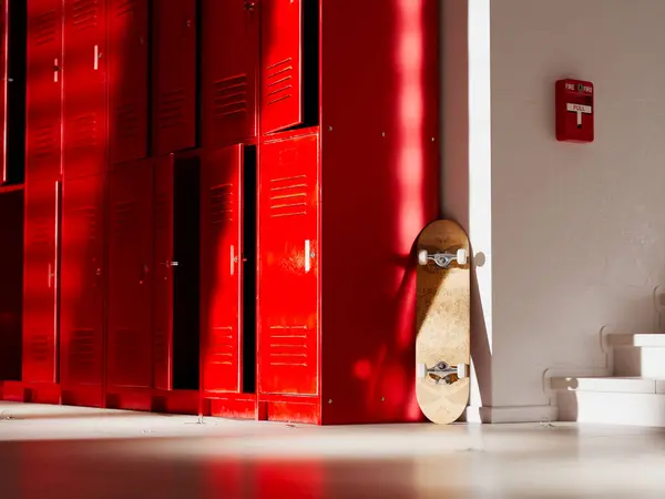 Solitary skateboard propped against vivid red lockers in a sunlit school hallway, with a clearly visible fire alarm system signaling security and safety measures.