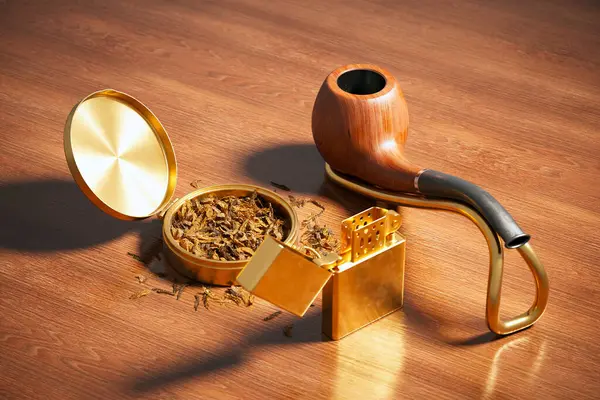 Intricate Tobacco Pipe Opulent Golden Lighter Both Resting Polished Mahogany — Stock Photo, Image