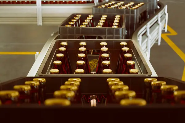 内看一个忙碌的啤酒瓶厂 展示一个现代传送带系统 忙着用密封的琥珀啤酒瓶准备分发 — 图库照片
