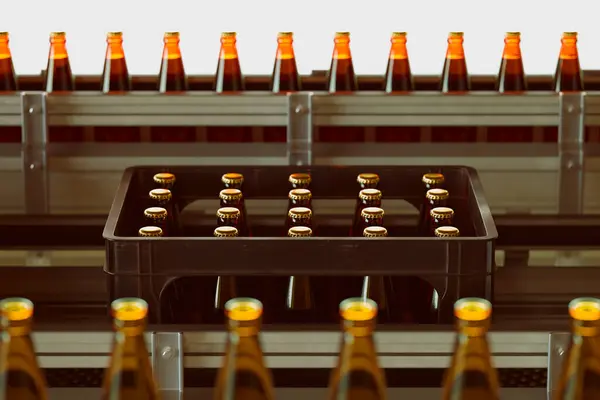 Точное Разливание Пива Бутылки Автоматизированной Конвейерной Линии Крупномасштабном Пивоваренном Заводе — стоковое фото