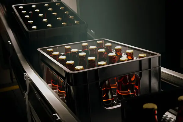 Image Captures High Efficiency Beer Bottling Process Industrial Setting Highlighting — Stock Photo, Image