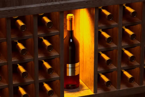 Eine Einzige Flasche Wein Ist Licht Getaucht Und Steht Einem — Stockfoto