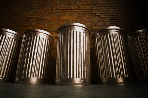 Neatly Arranged Formation Shining Metal Trash Cans Positioned Concrete Floor — Stock Photo, Image