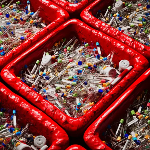 Overfilled Red Biohazard Bin Containing Various Medical Laboratory Items Highlighting — Stock Photo, Image