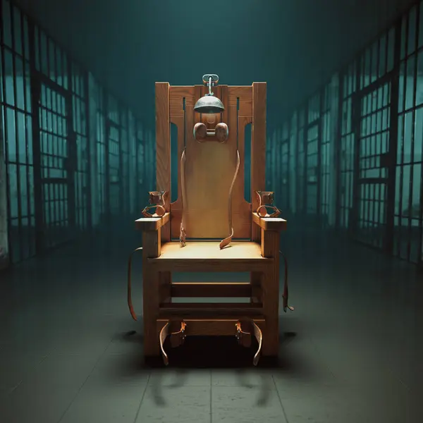 Chilling Wooden Electric Chair Sits Stark Solitude Dimly Lit Eerie — Stock Photo, Image