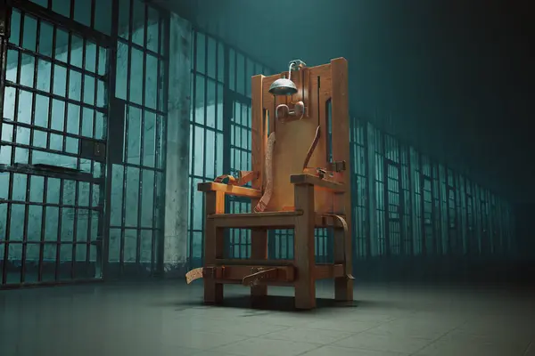 A powerful, chilling visual captures an abandoned wooden electric chair starkly centered in a dim, haunting prison room, with light casting harrowing shadows through barred windows.