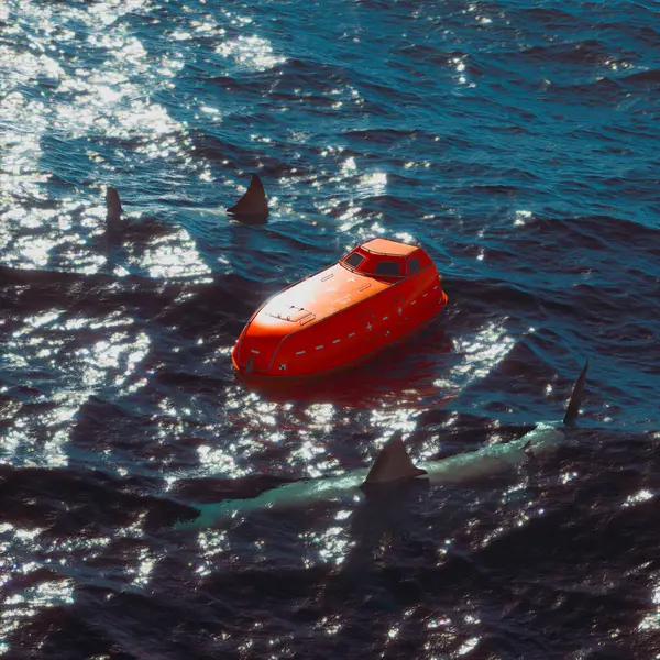 Levande Bild Ensam Röd Livbåt Öppet Hav Bländning Omgiven Illavarslande — Stockfoto