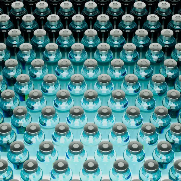 Vor Blauem Hintergrund Ist Eine Umfangreiche Palette Von Multidosis Impfflaschen — Stockfoto