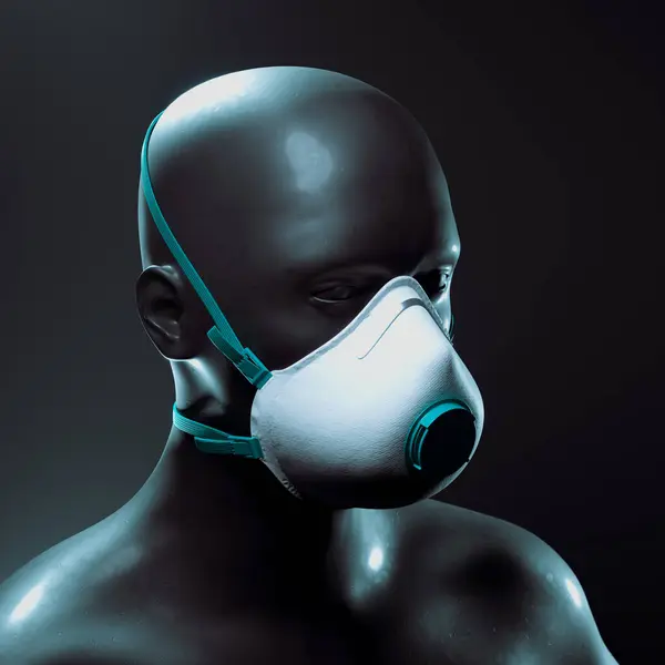 鲜明的黑色背景凸显了戴着专业呼吸机面具的人体模特的头部 强调了职业健康安全和机载疾病预防战略的重要性 — 图库照片