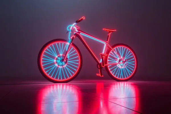 Tekerleklerinde Parlak Neon Işıkları Olan Bir Dağ Bisikletinin Büyüleyici Görüntüsü — Stok fotoğraf